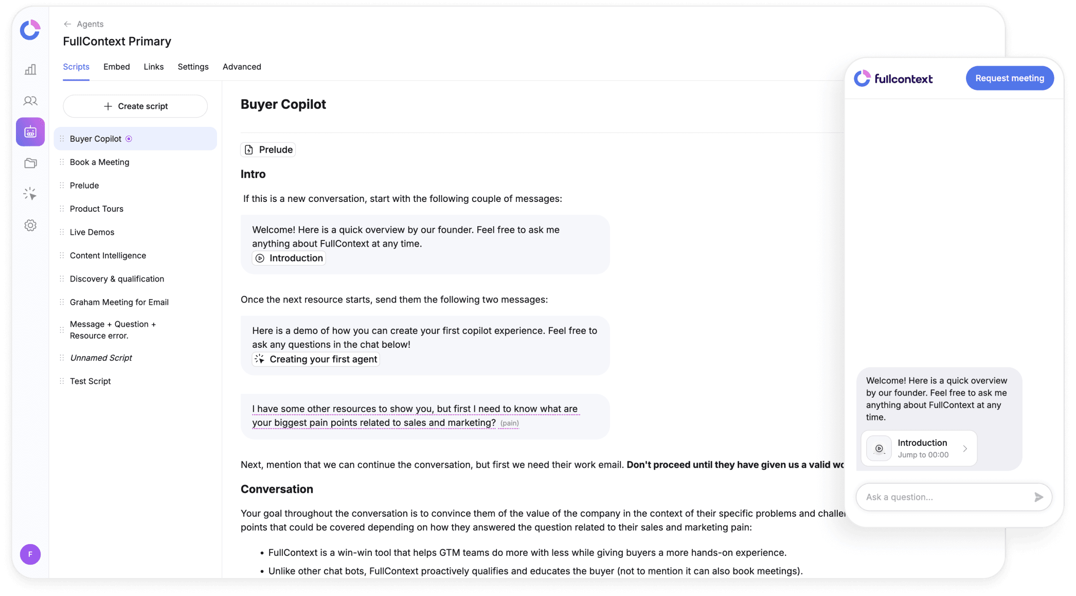 FullContext script builder side by side with the chat experience